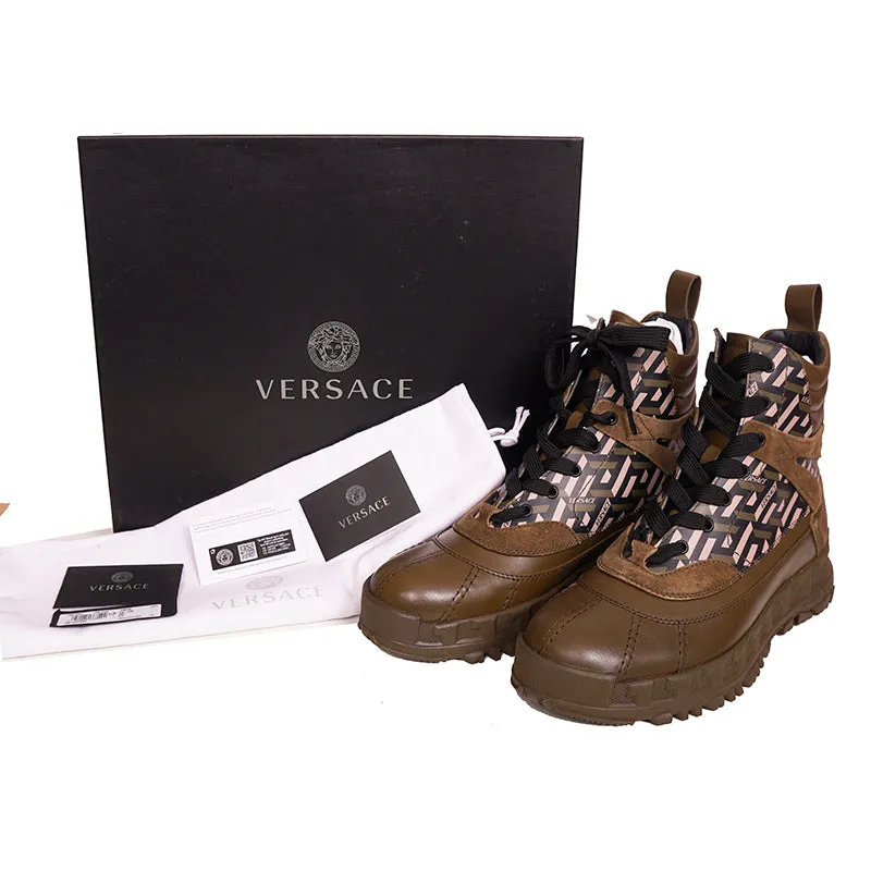 44 US 11 NEW $1125 VERSACE Men's GRECA Rhegis Coated Canvas & Leather DUCK BOOTS