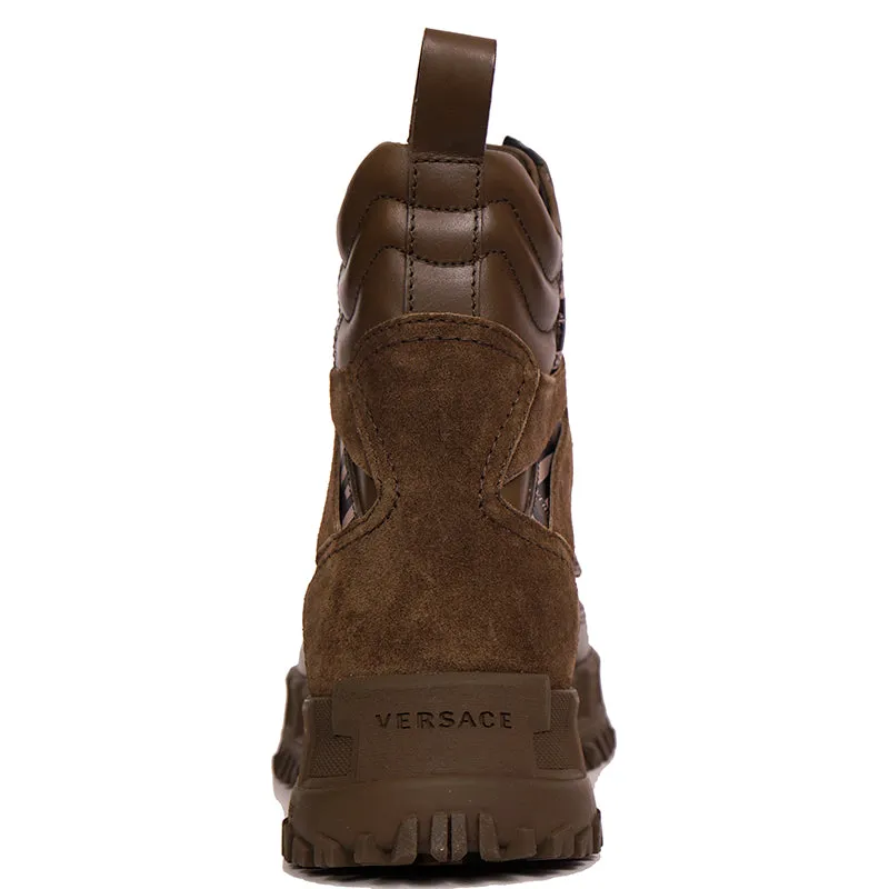 44 US 11 NEW $1125 VERSACE Men's GRECA Rhegis Coated Canvas & Leather DUCK BOOTS