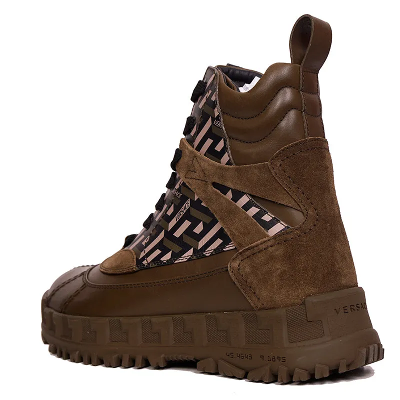44 US 11 NEW $1125 VERSACE Men's GRECA Rhegis Coated Canvas & Leather DUCK BOOTS