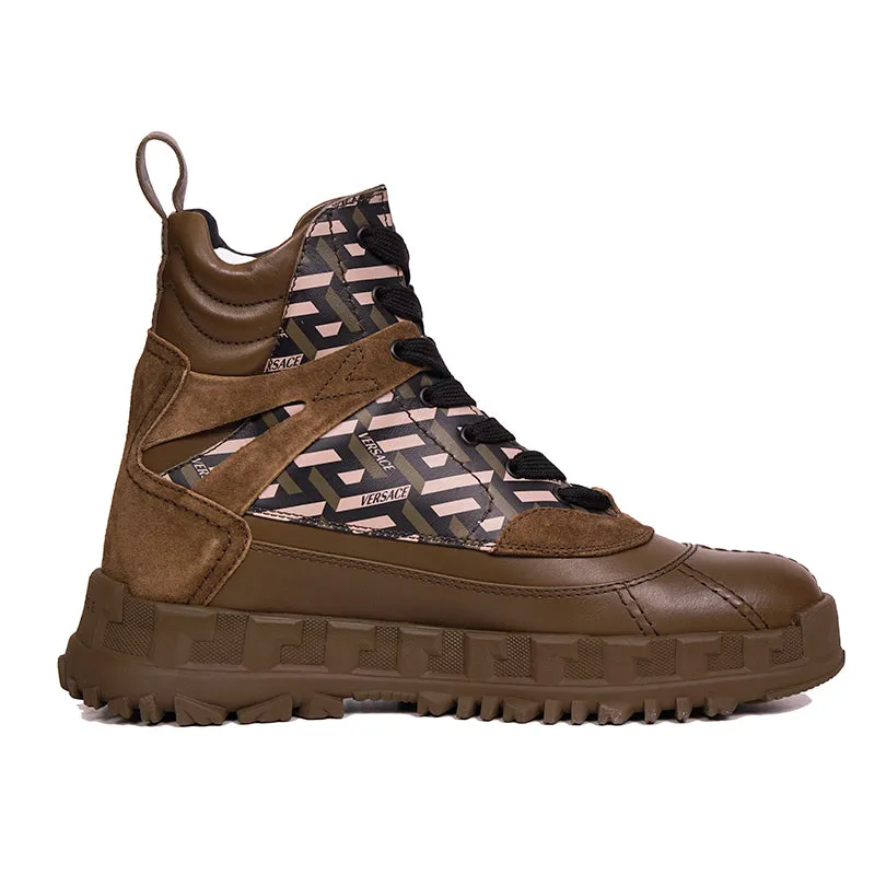 44 US 11 NEW $1125 VERSACE Men's GRECA Rhegis Coated Canvas & Leather DUCK BOOTS