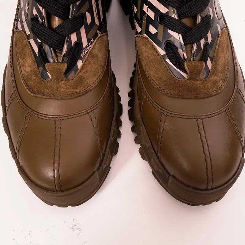 44 US 11 NEW $1125 VERSACE Men's GRECA Rhegis Coated Canvas & Leather DUCK BOOTS