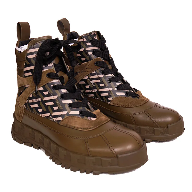 44 US 11 NEW $1125 VERSACE Men's GRECA Rhegis Coated Canvas & Leather DUCK BOOTS