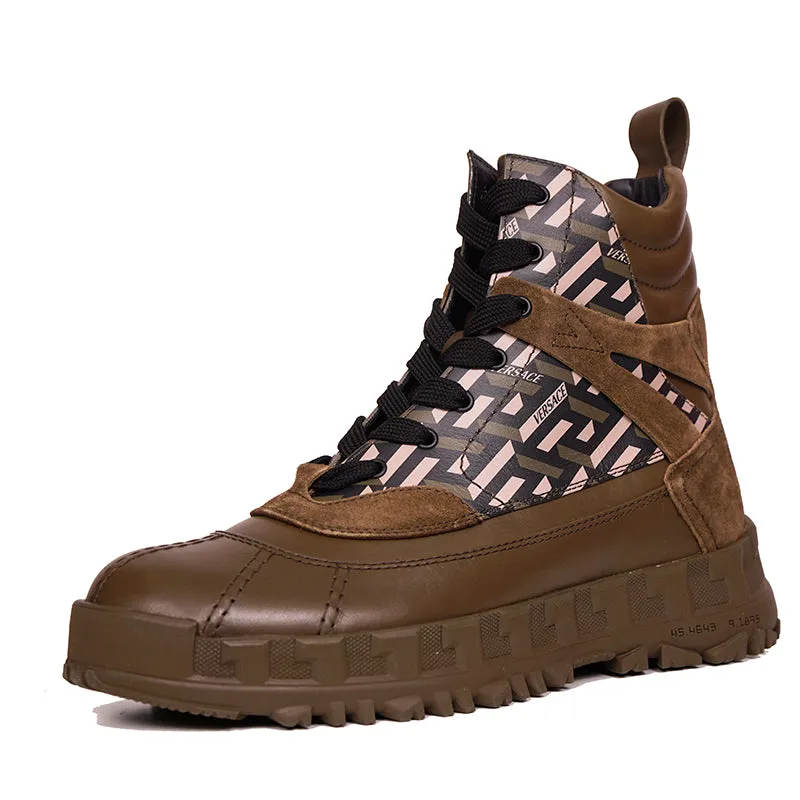44 US 11 NEW $1125 VERSACE Men's GRECA Rhegis Coated Canvas & Leather DUCK BOOTS