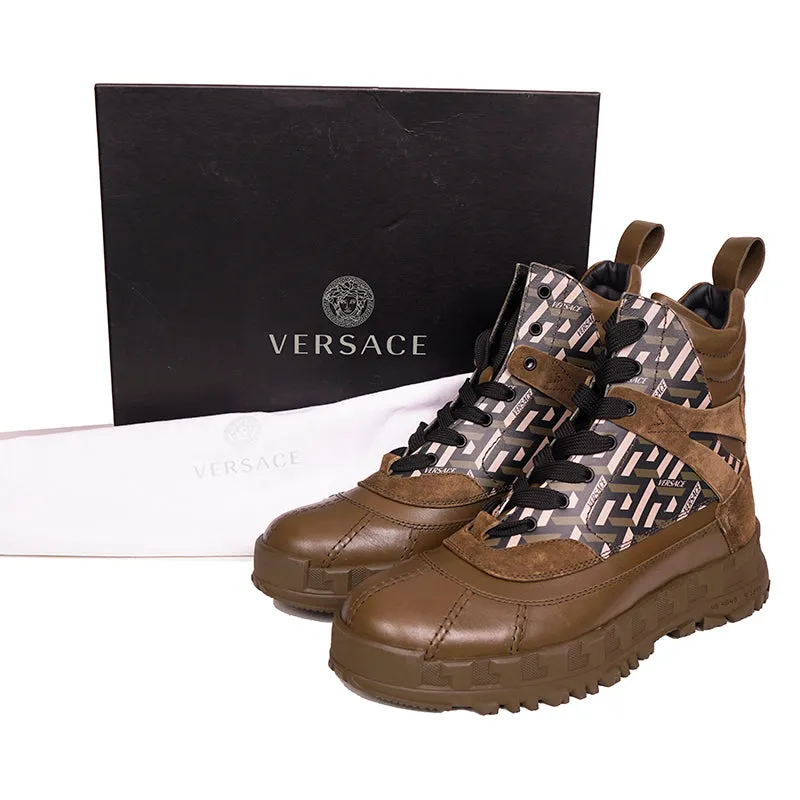44 US 11 NEW $1125 VERSACE Men's GRECA Rhegis Coated Canvas & Leather DUCK BOOTS