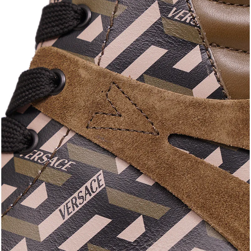 44 US 11 NEW $1125 VERSACE Men's GRECA Rhegis Coated Canvas & Leather DUCK BOOTS