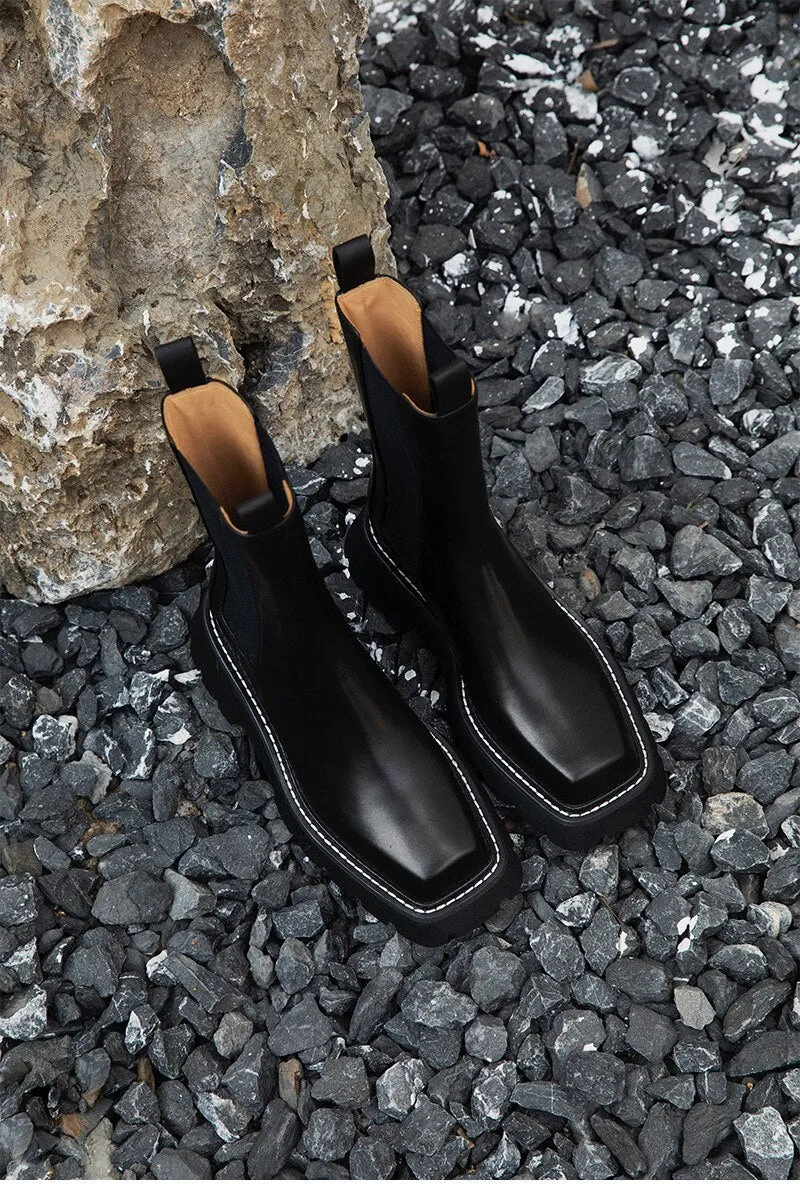 Advbridge Brand Women Ankle Boots Splicing Genuine Leather Square Toe Thick Heels  Shoes Woman Autumn Winter Boots Ladies Black 2023 New