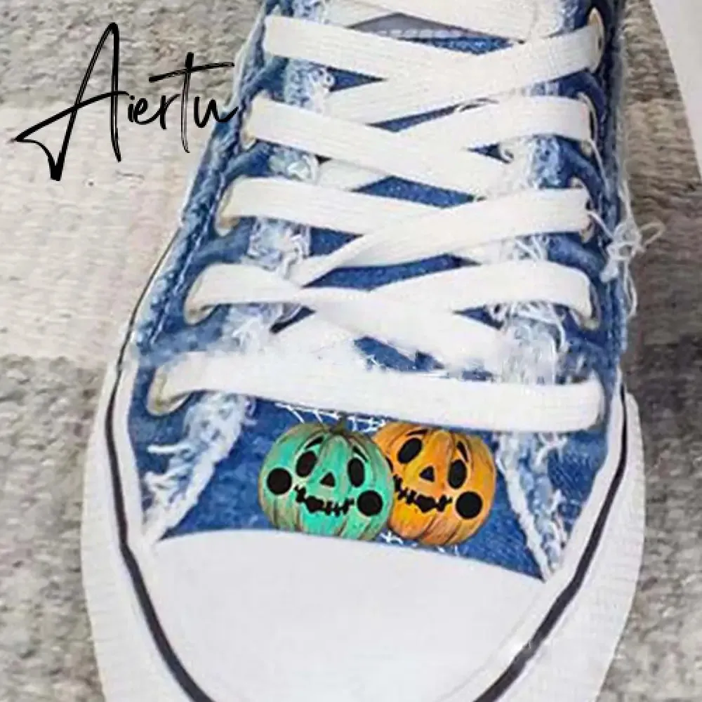 Aiertu Halloween Canvas Shoes Women Pumpkin Monster Printing Women's Shoes Fashion Lace Up Flat Casual Shoes Plus Size Zapatillas Mujer