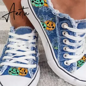 Aiertu Halloween Canvas Shoes Women Pumpkin Monster Printing Women's Shoes Fashion Lace Up Flat Casual Shoes Plus Size Zapatillas Mujer