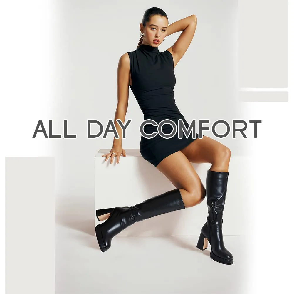 Black Knee High Faux Leather Platform Style Boots