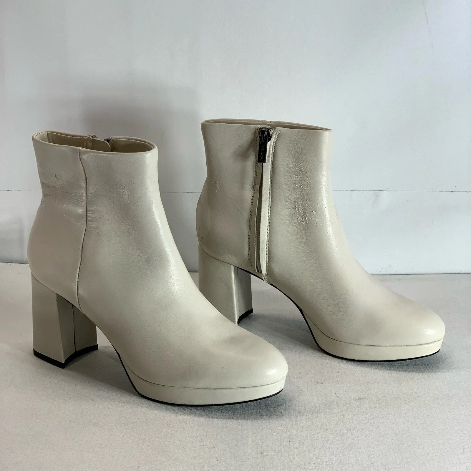 CALVIN KLEIN Women's Ivory Leather Uda Platform Block-Heel Dress Booties SZ 7