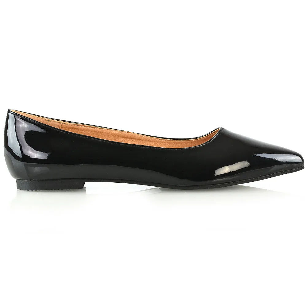 Cordelia Slip on Pointed Toe Flat Ballerina Pump Shoes In Black Patent