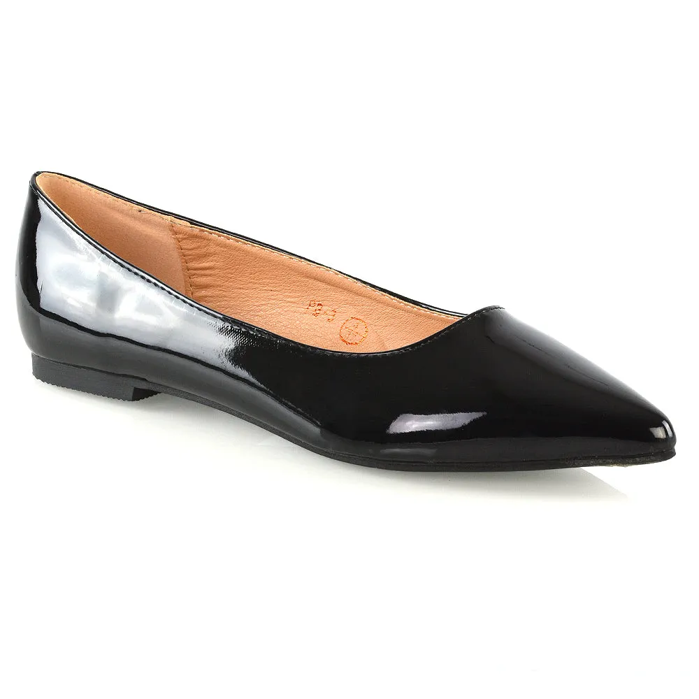 Cordelia Slip on Pointed Toe Flat Ballerina Pump Shoes In Black Patent
