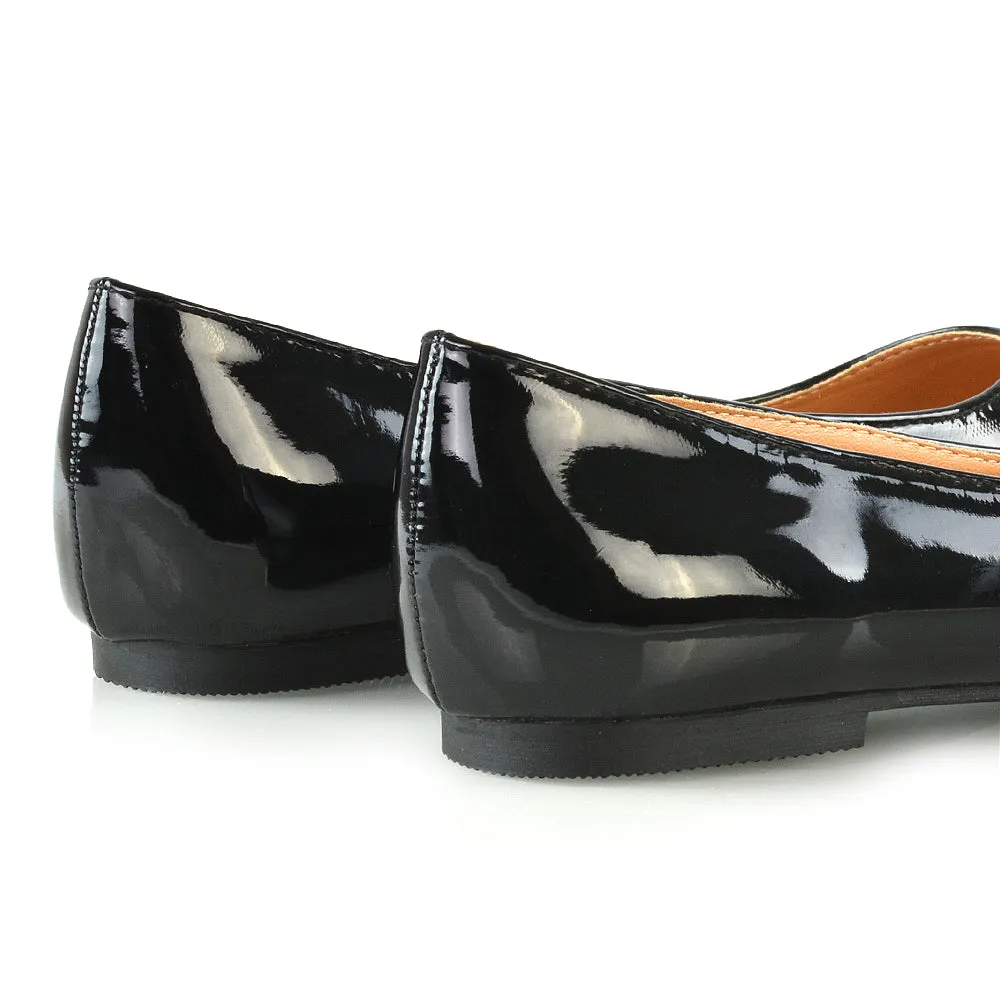 Cordelia Slip on Pointed Toe Flat Ballerina Pump Shoes In Black Patent
