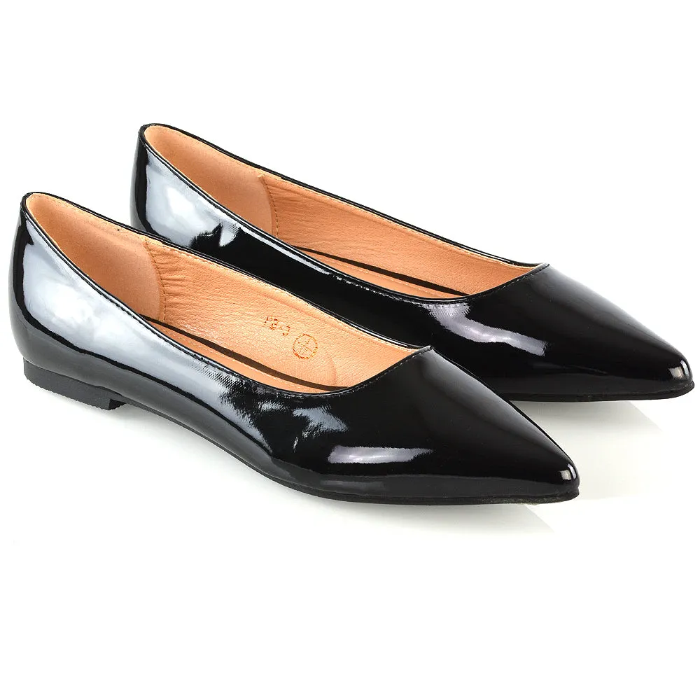 Cordelia Slip on Pointed Toe Flat Ballerina Pump Shoes In Black Patent