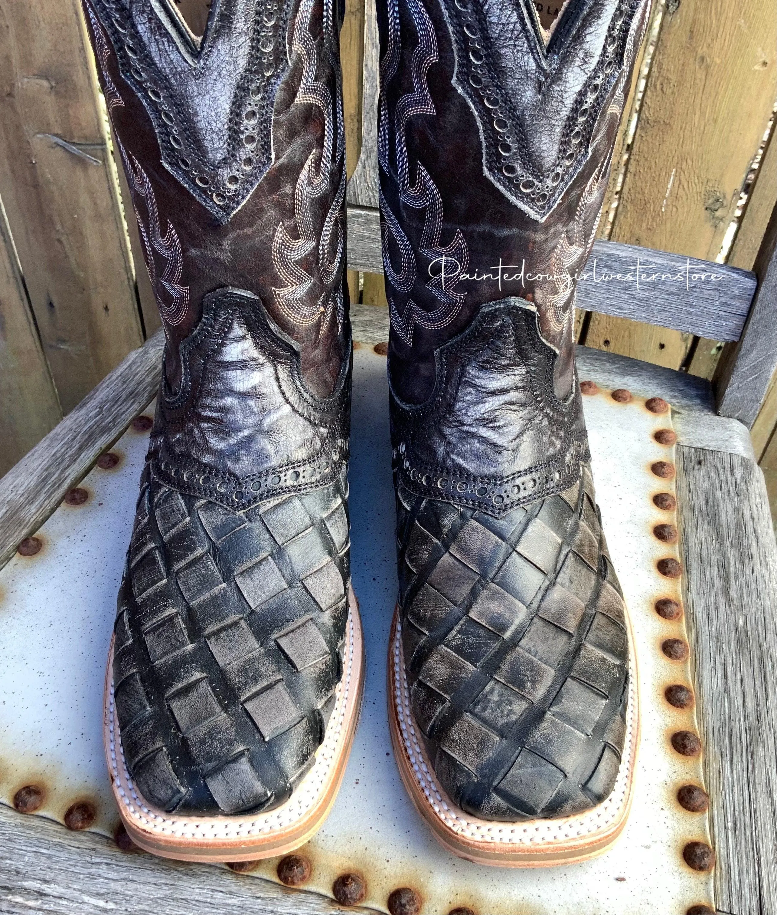 Corral Men's Distressed Black Woven Wide Square Toe Cowboy Boot A4188