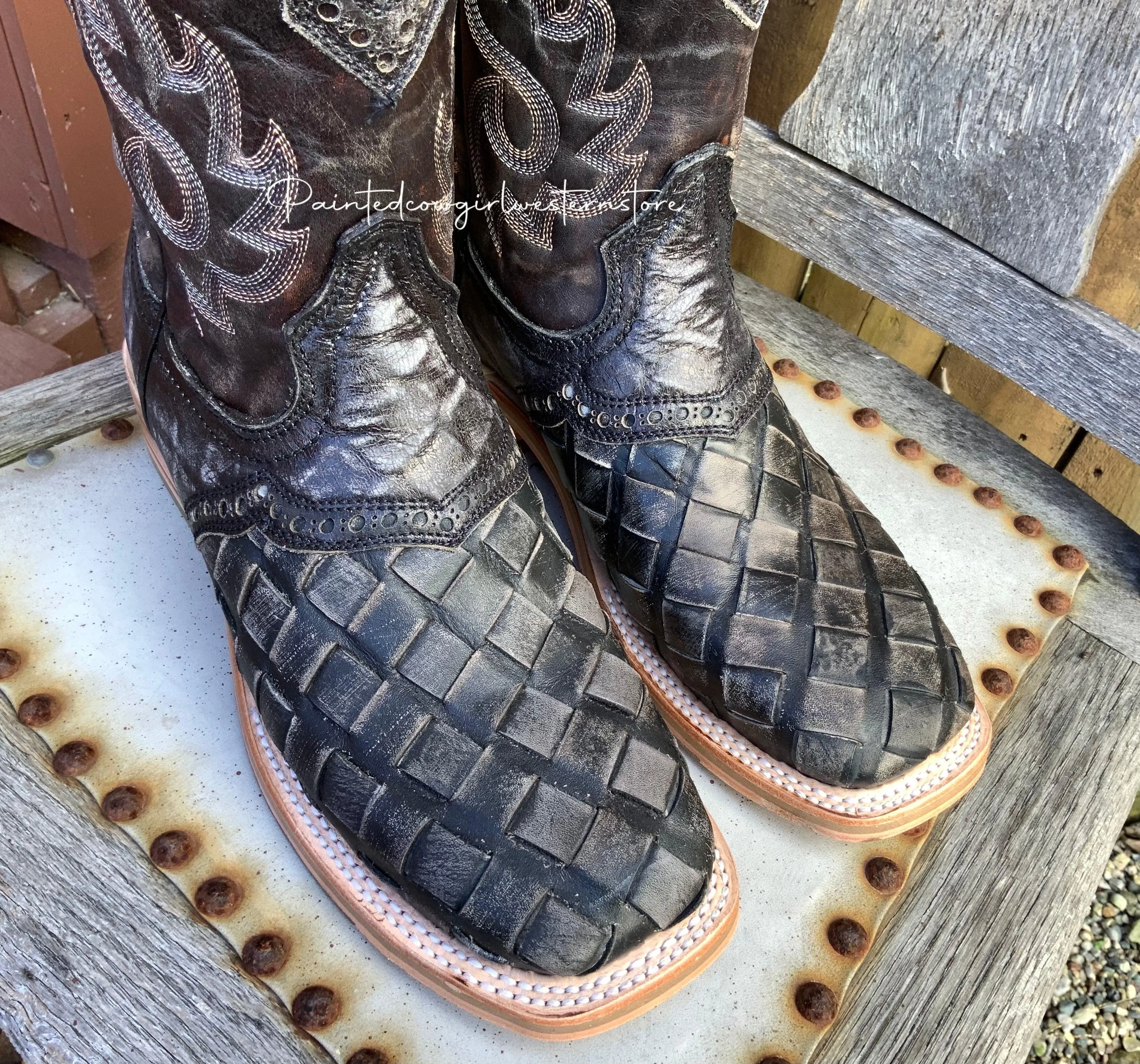 Corral Men's Distressed Black Woven Wide Square Toe Cowboy Boot A4188
