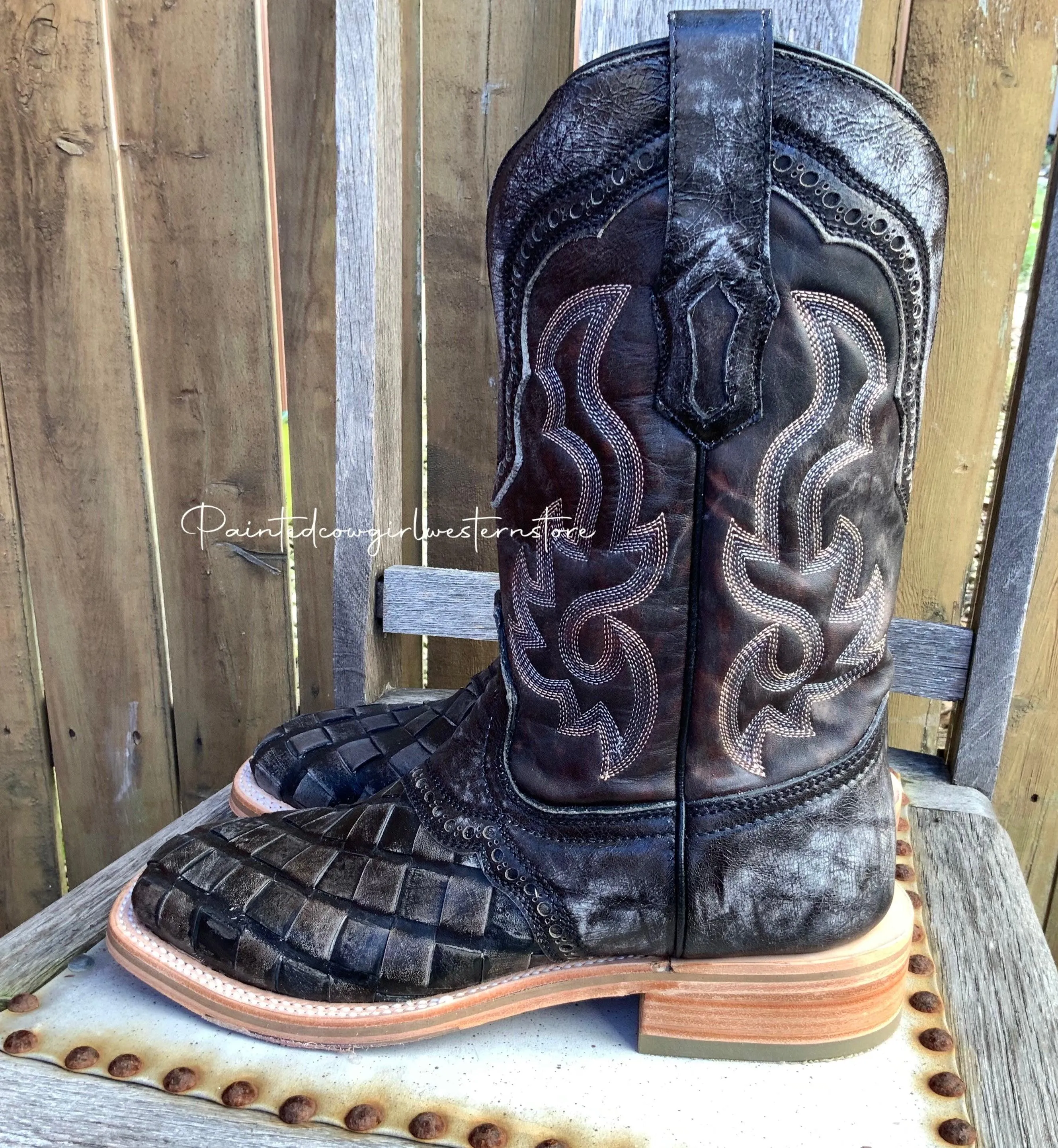 Corral Men's Distressed Black Woven Wide Square Toe Cowboy Boot A4188