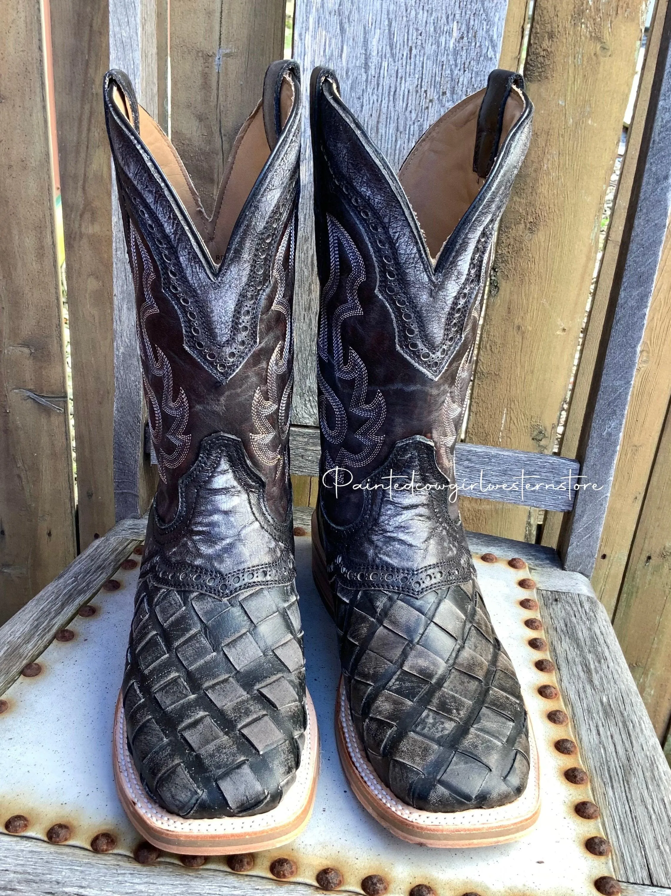 Corral Men's Distressed Black Woven Wide Square Toe Cowboy Boot A4188