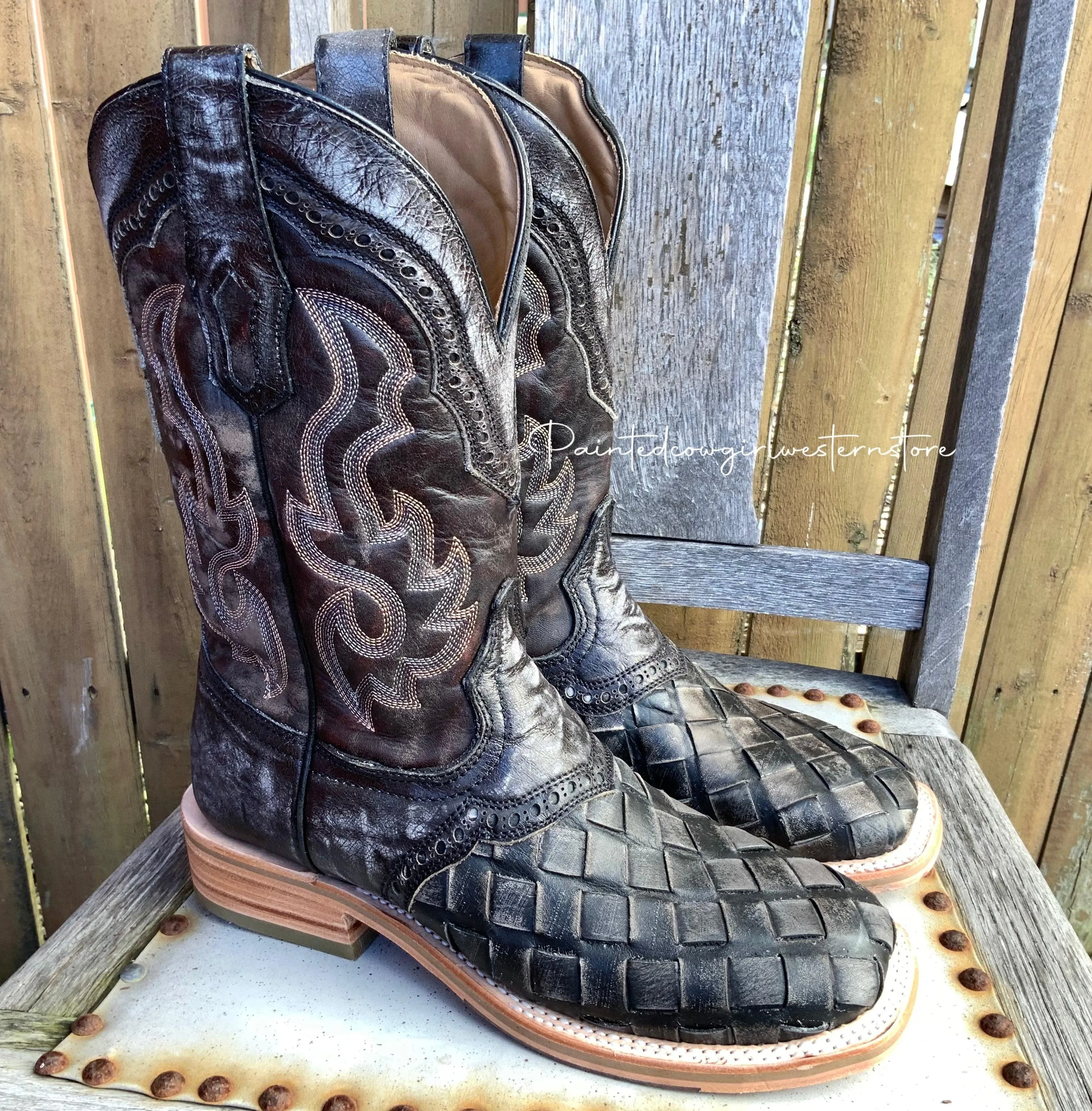 Corral Men's Distressed Black Woven Wide Square Toe Cowboy Boot A4188
