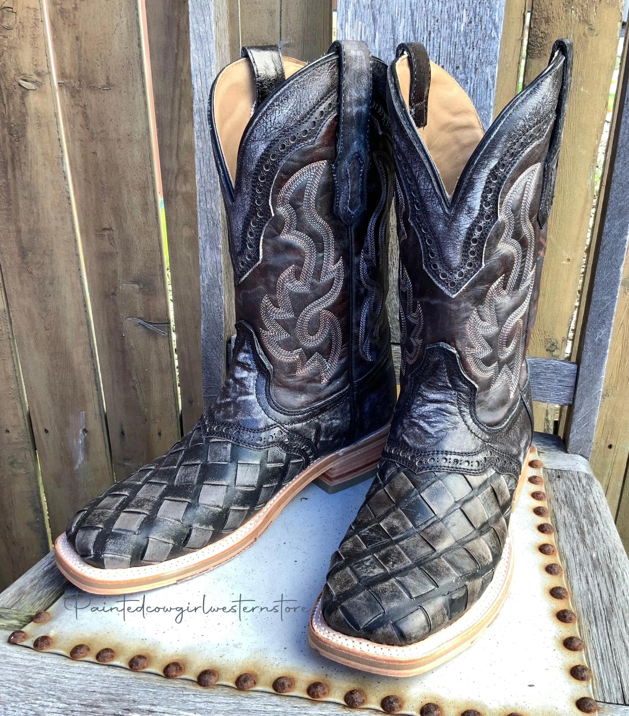 Corral Men's Distressed Black Woven Wide Square Toe Cowboy Boot A4188