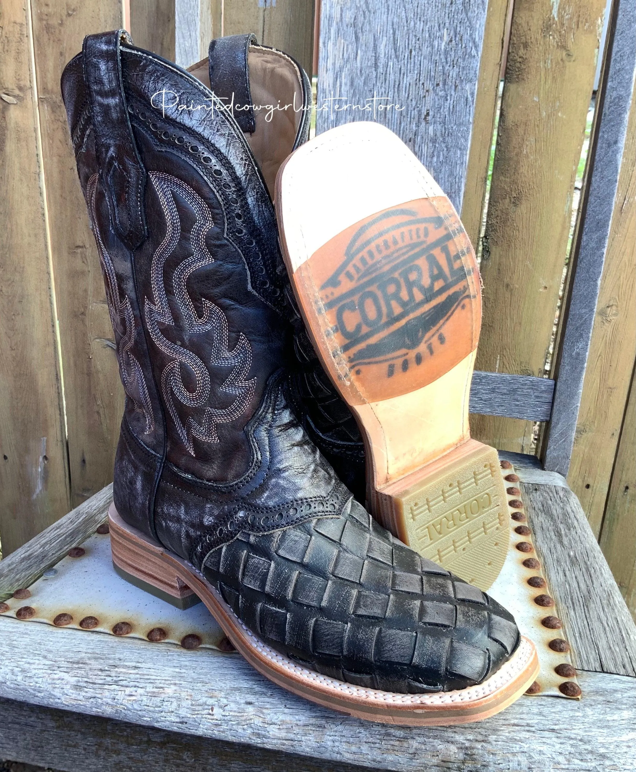 Corral Men's Distressed Black Woven Wide Square Toe Cowboy Boot A4188