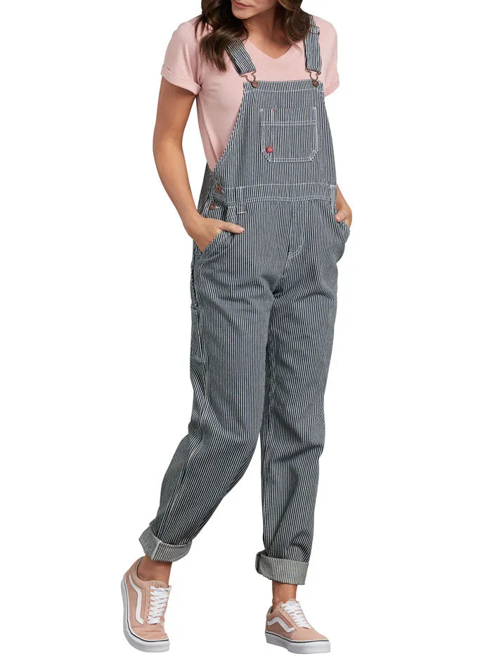 Dickies FB206RHS Women's Relaxed Fit Bib Overalls Blue White Hickory Stripe