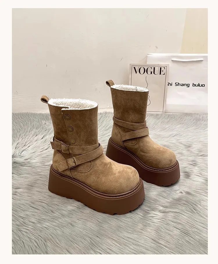Double Buckle Faux Fur Lined Platform Boots