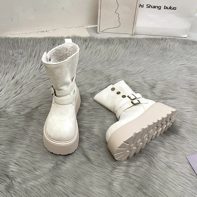 Double Buckle Faux Fur Lined Platform Boots