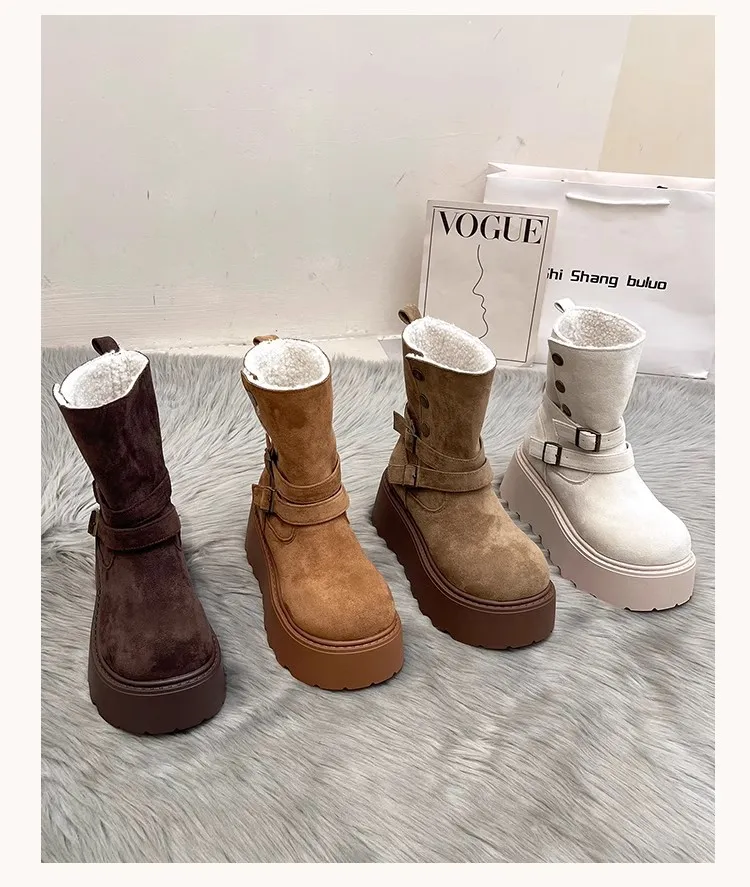 Double Buckle Faux Fur Lined Platform Boots