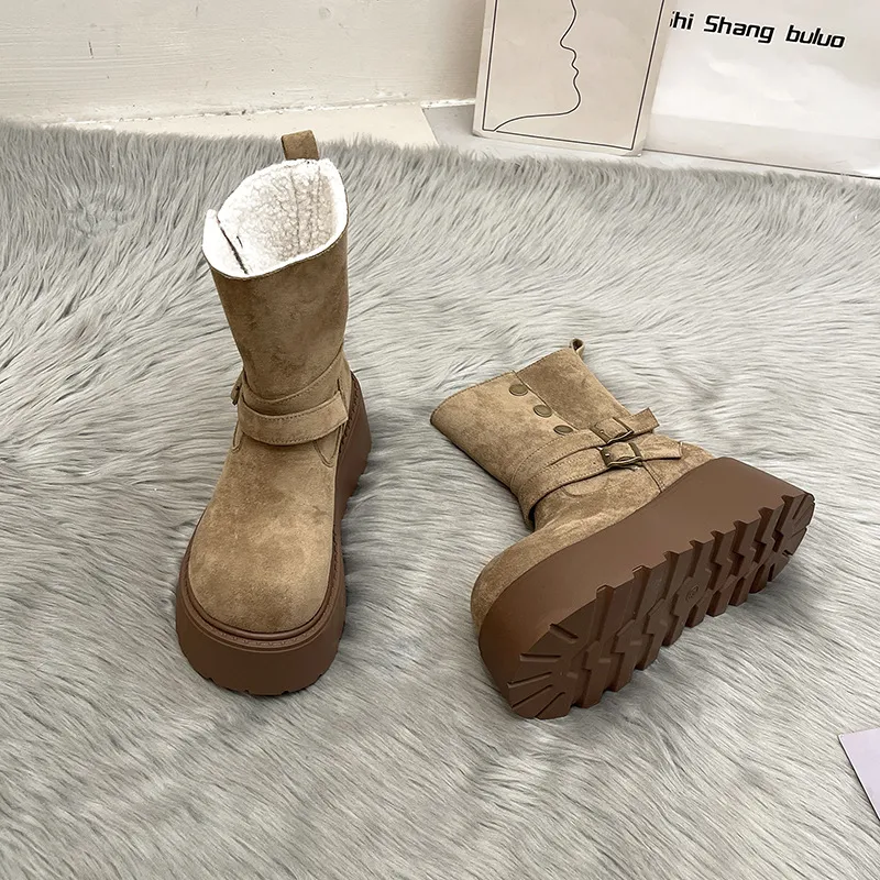 Double Buckle Faux Fur Lined Platform Boots