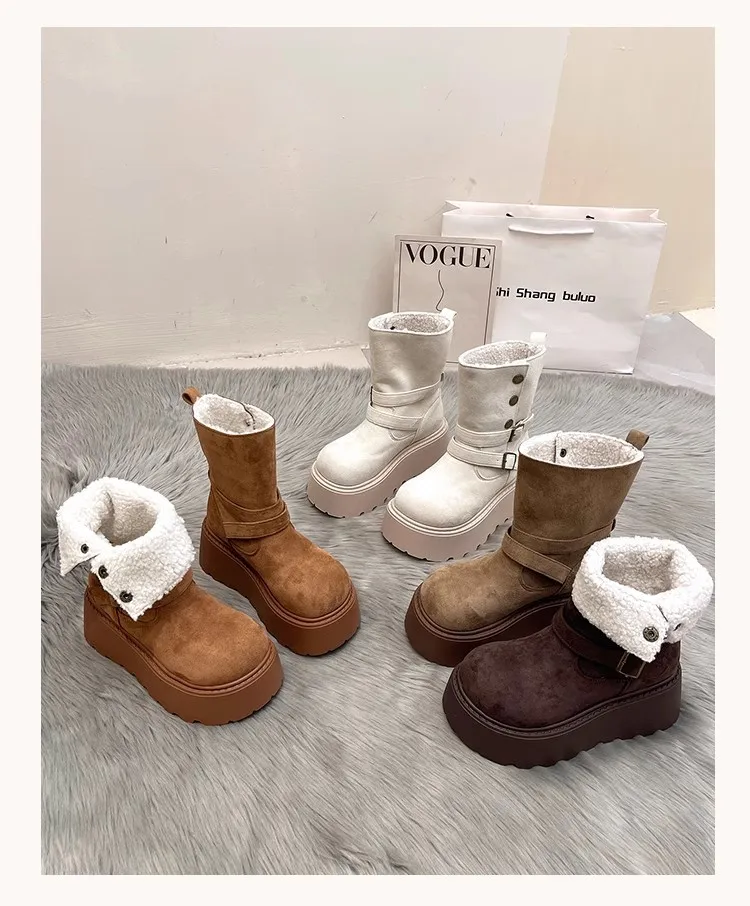 Double Buckle Faux Fur Lined Platform Boots