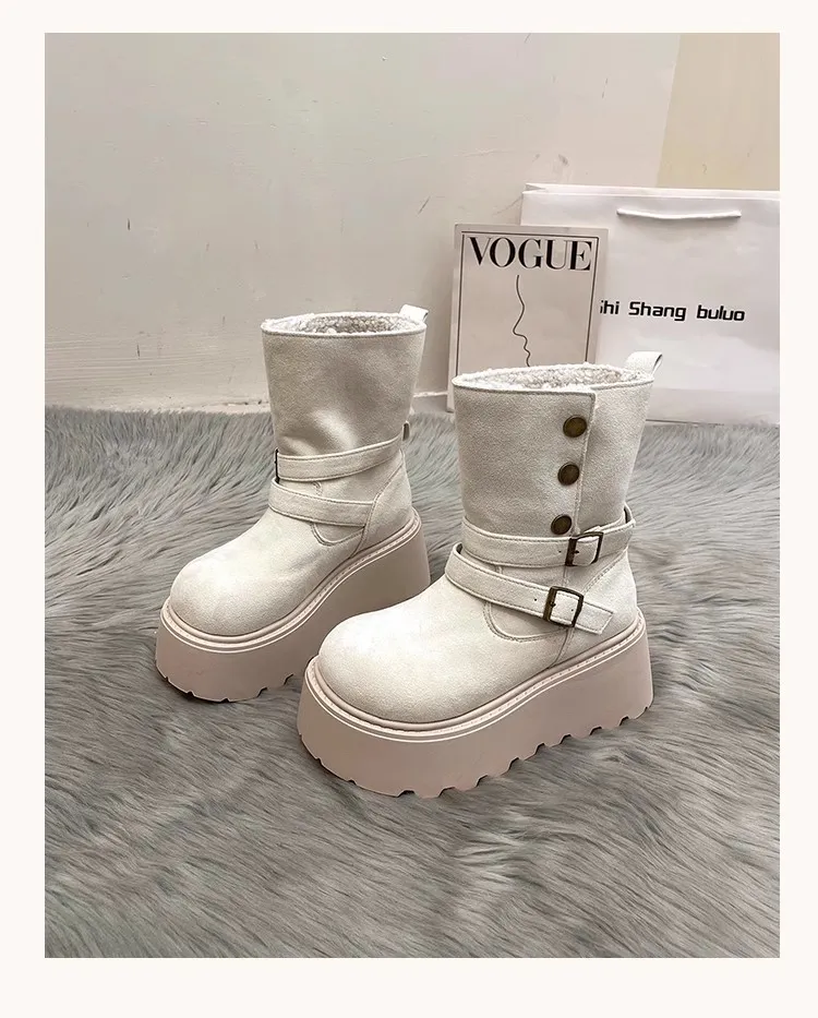 Double Buckle Faux Fur Lined Platform Boots