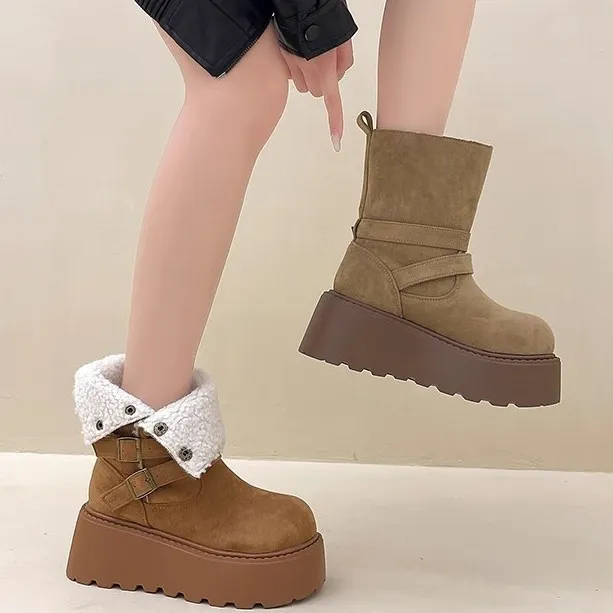 Double Buckle Faux Fur Lined Platform Boots