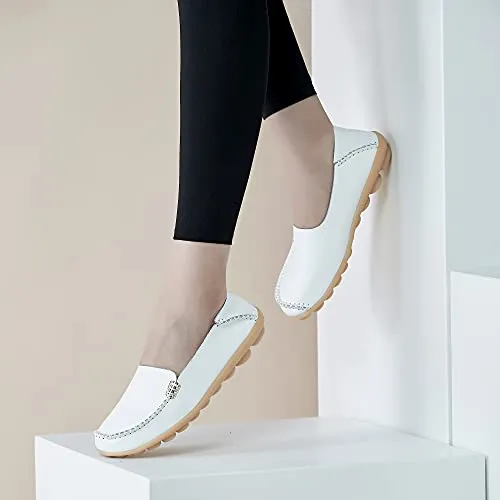 DUOYANGJIASHA Women's Comfortable Leather Loafers Casual Round Toe Moccasins Wild Driving Flats Soft Walking Shoes Women Slip On White