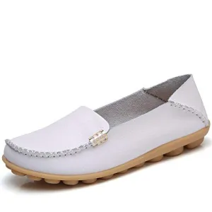 DUOYANGJIASHA Women's Comfortable Leather Loafers Casual Round Toe Moccasins Wild Driving Flats Soft Walking Shoes Women Slip On White