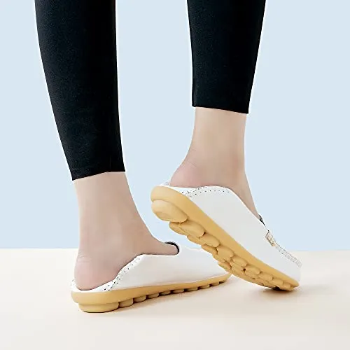 DUOYANGJIASHA Women's Comfortable Leather Loafers Casual Round Toe Moccasins Wild Driving Flats Soft Walking Shoes Women Slip On White