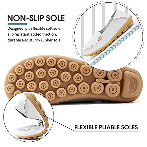 DUOYANGJIASHA Women's Comfortable Leather Loafers Casual Round Toe Moccasins Wild Driving Flats Soft Walking Shoes Women Slip On White