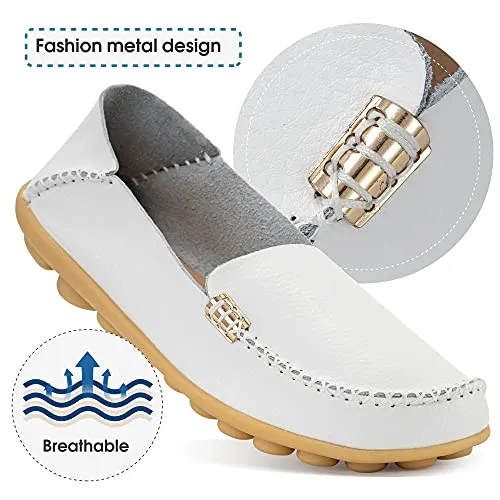 DUOYANGJIASHA Women's Comfortable Leather Loafers Casual Round Toe Moccasins Wild Driving Flats Soft Walking Shoes Women Slip On White