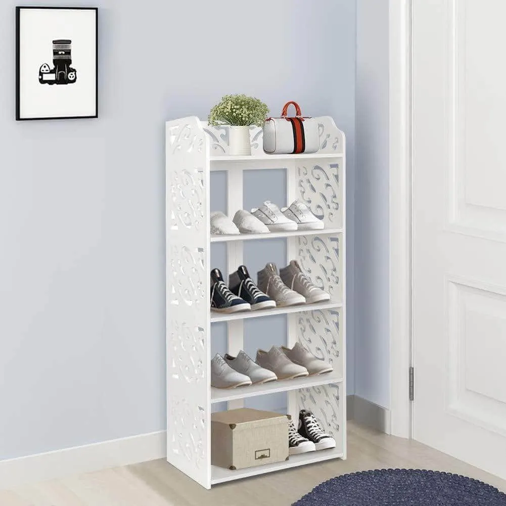 Ejoyous 5 Tier Shoes Rack, White Wood Plastic Modern Space-Saving Display Shoe Tower, Free Standing Shoes Storage Organizer Closet Shelves Holder Container for Home Office, Support Hold 10 Pair