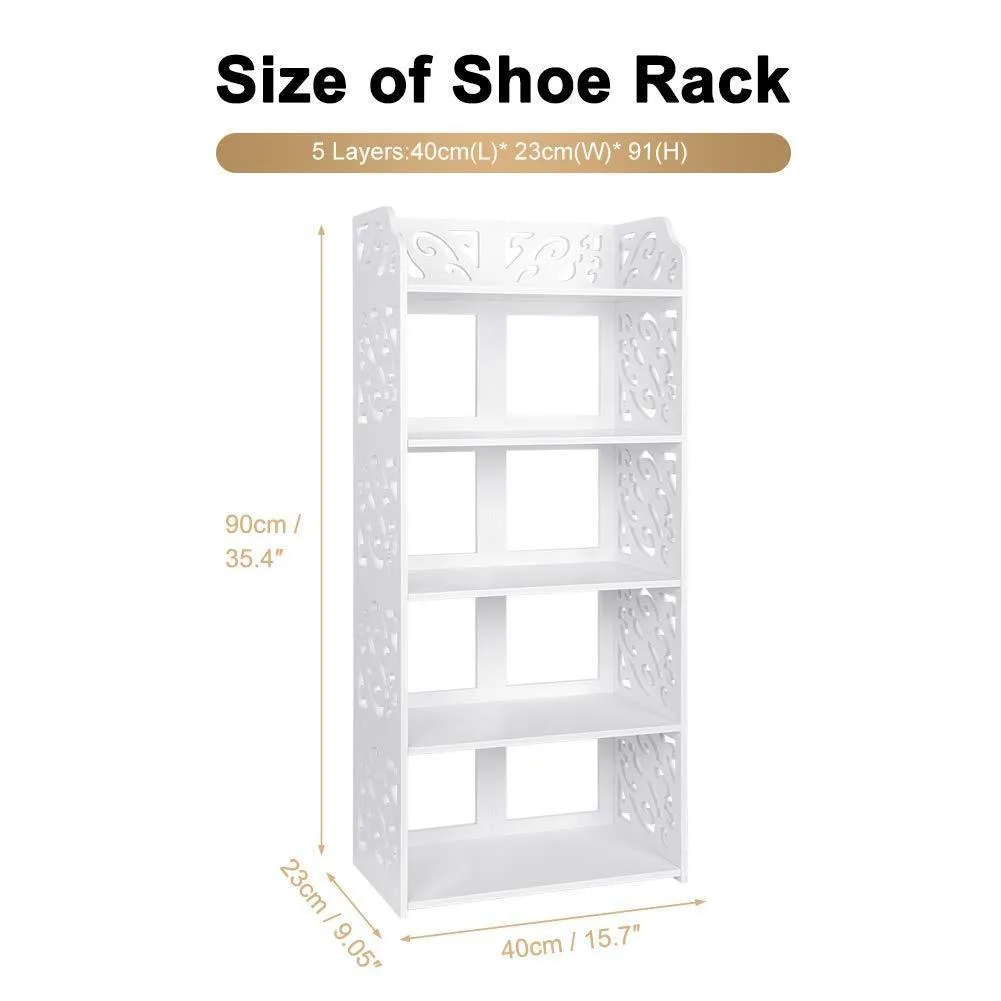 Ejoyous 5 Tier Shoes Rack, White Wood Plastic Modern Space-Saving Display Shoe Tower, Free Standing Shoes Storage Organizer Closet Shelves Holder Container for Home Office, Support Hold 10 Pair