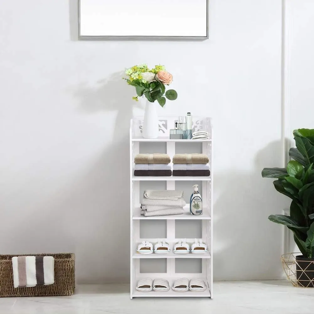 Ejoyous 5 Tier Shoes Rack, White Wood Plastic Modern Space-Saving Display Shoe Tower, Free Standing Shoes Storage Organizer Closet Shelves Holder Container for Home Office, Support Hold 10 Pair