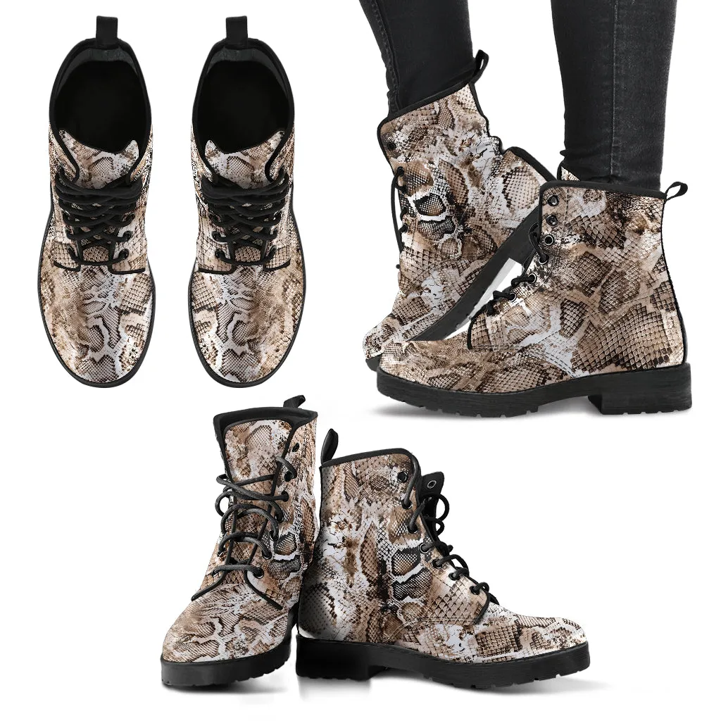 Fashion Combat Boots - Vintage Look Distressed Snake Skin Print #102 | Vegan Leather Snake Boots, Custom Shoes Women, Women's Boots, Unisex