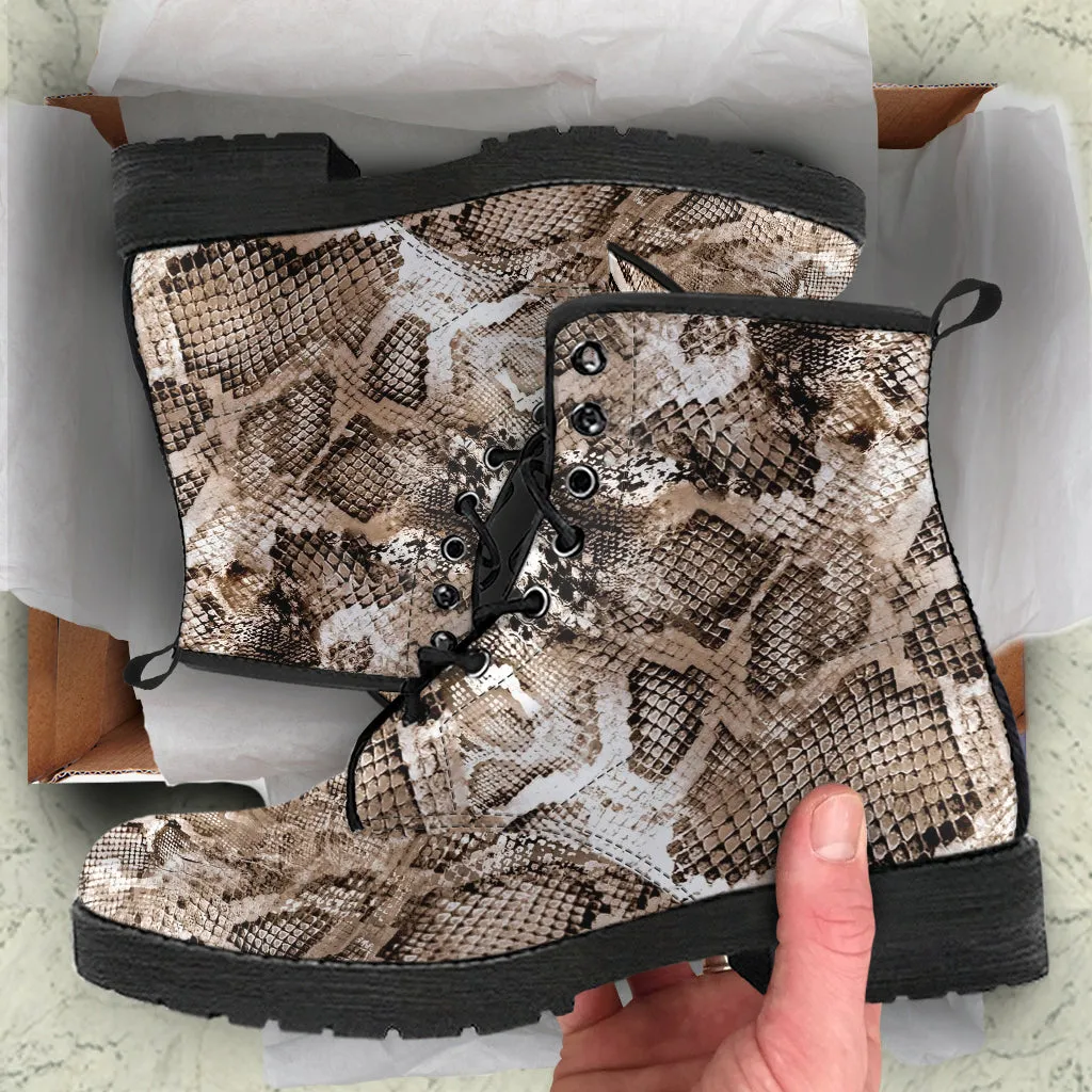 Fashion Combat Boots - Vintage Look Distressed Snake Skin Print #102 | Vegan Leather Snake Boots, Custom Shoes Women, Women's Boots, Unisex
