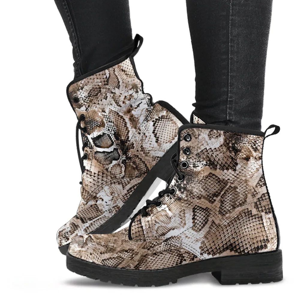 Fashion Combat Boots - Vintage Look Distressed Snake Skin Print #102 | Vegan Leather Snake Boots, Custom Shoes Women, Women's Boots, Unisex