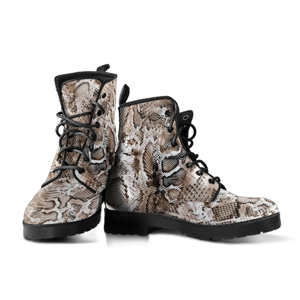 Fashion Combat Boots - Vintage Look Distressed Snake Skin Print #102 | Vegan Leather Snake Boots, Custom Shoes Women, Women's Boots, Unisex