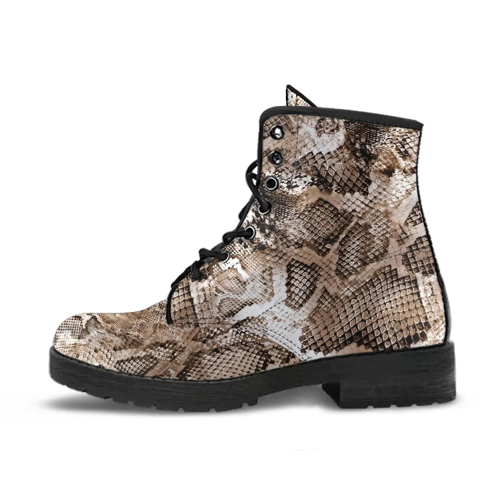 Fashion Combat Boots - Vintage Look Distressed Snake Skin Print #102 | Vegan Leather Snake Boots, Custom Shoes Women, Women's Boots, Unisex