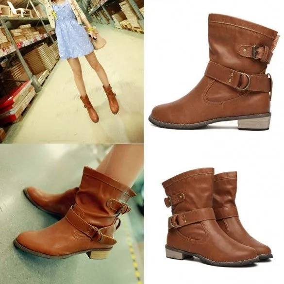Fashion-Mid-Calf Flat Heel British Driving Short Boots
