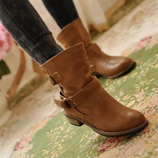 Fashion-Mid-Calf Flat Heel British Driving Short Boots