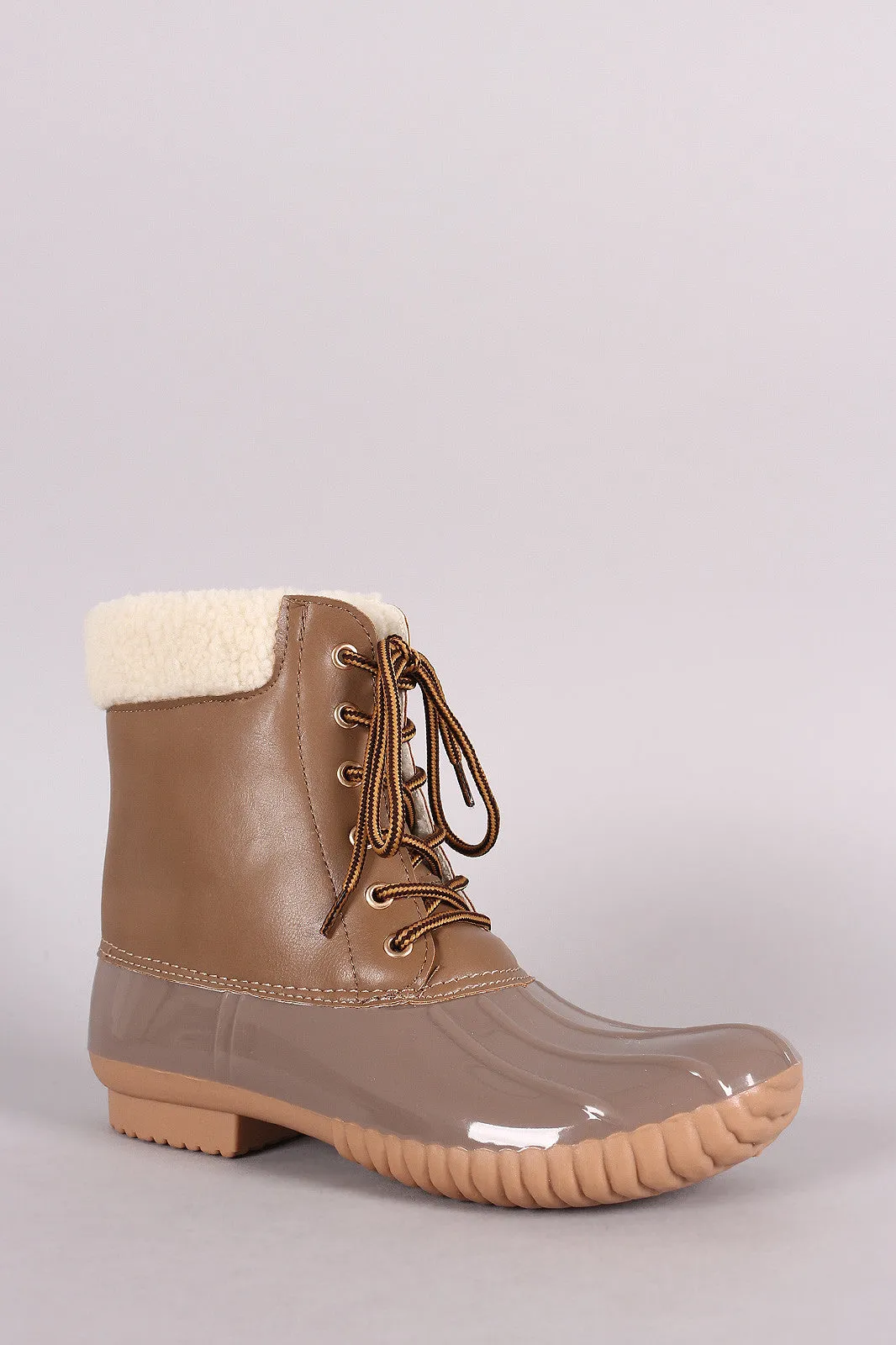 Faux Shearling Cuff Lace Up Duck Ankle Boots
