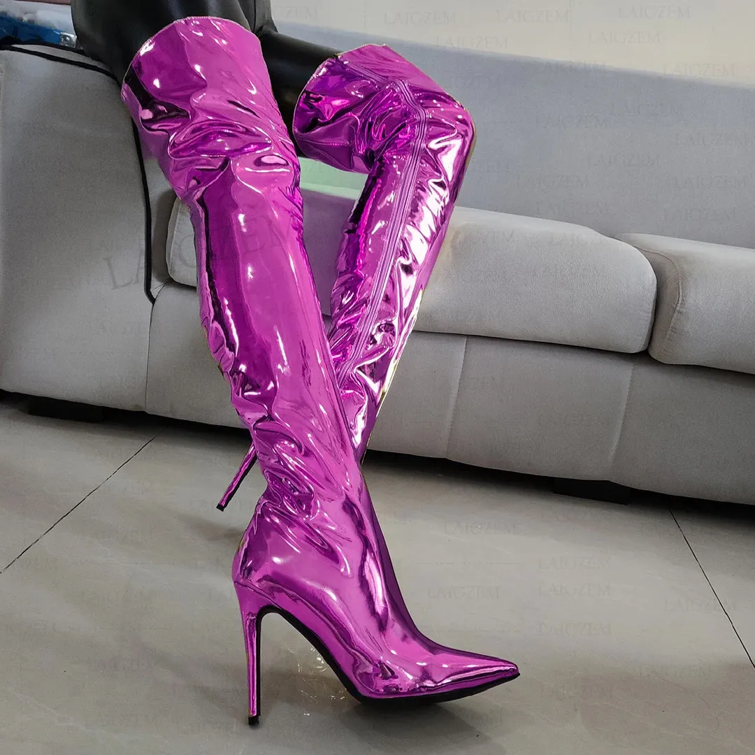 Full Zipper High Heels Fuchsia Boots